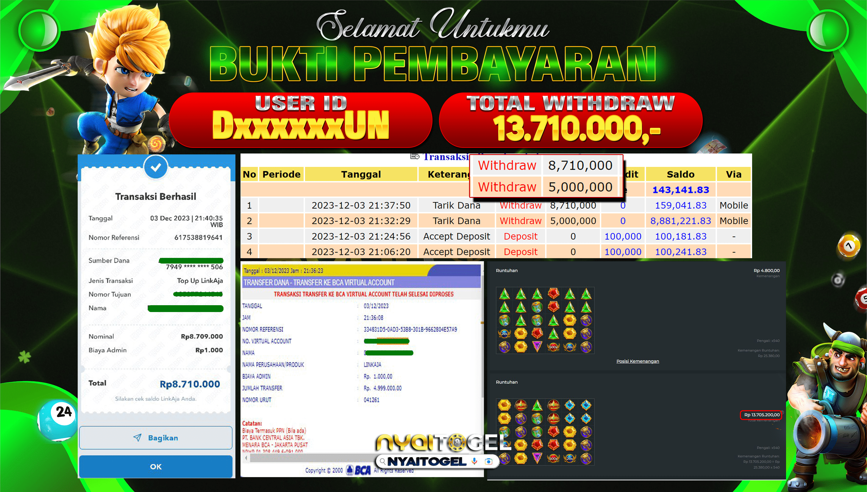 NYAITOGEL Bukti Jackpot Slot Di Gates Of Olympus Rp.13.710.000,-